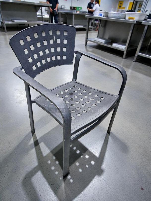 Set of 6 commercial metal patio arm chairs, outstanding condition, heavy-duty, lattice design back and seat, ready to use.