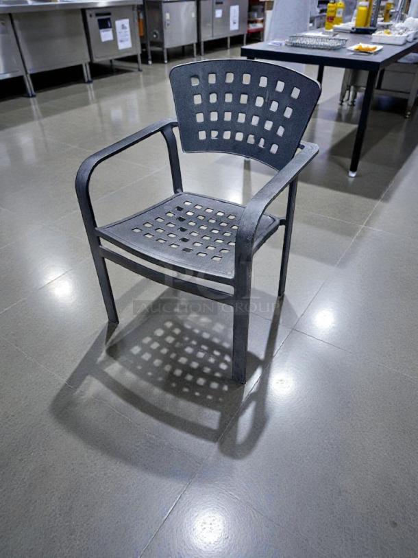 Set of 6 heavy-duty metal patio armchairs, lattice design, outstanding condition, inspected and ready for use.