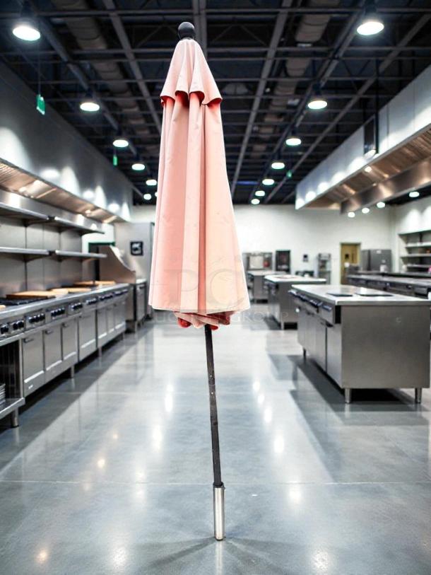 Commercial-grade outdoor patio umbrella, refined condition, heavy-duty shade canopy, inspected and ready to use.