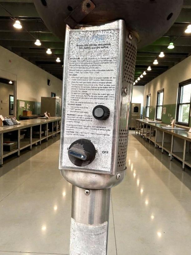 Commercial outdoor patio heater, stainless steel, mushroom-top design, superior condition, tested, ready to use, visible control panel.