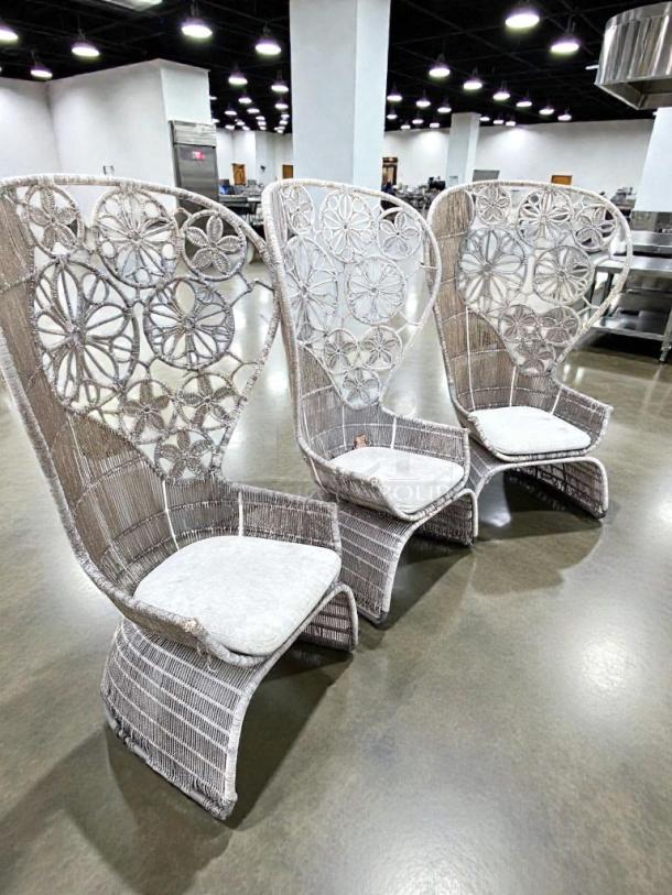 Pristine designer outdoor wicker lounge chairs, set of 3, high-back, intricate woven pattern, inspected, ready to use.