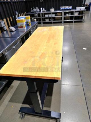 Commercial solid wood prep table on wheels, outstanding condition, fully inspected, heavy-duty, ready to use.