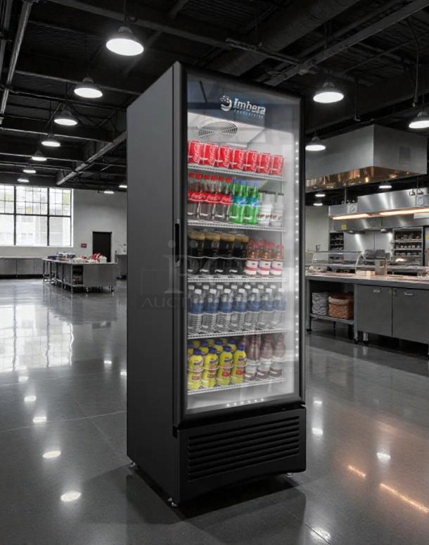 Imbera G319 commercial glass door refrigerator, prime condition, fully tested, branded "Beyond Cooling," stocked with beverages.