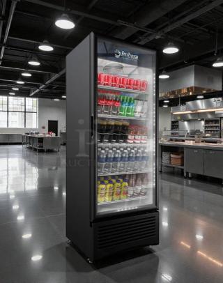 Imbera G319 commercial glass door refrigerator, prime condition, fully tested, branded "Beyond Cooling," stocked with beverages.