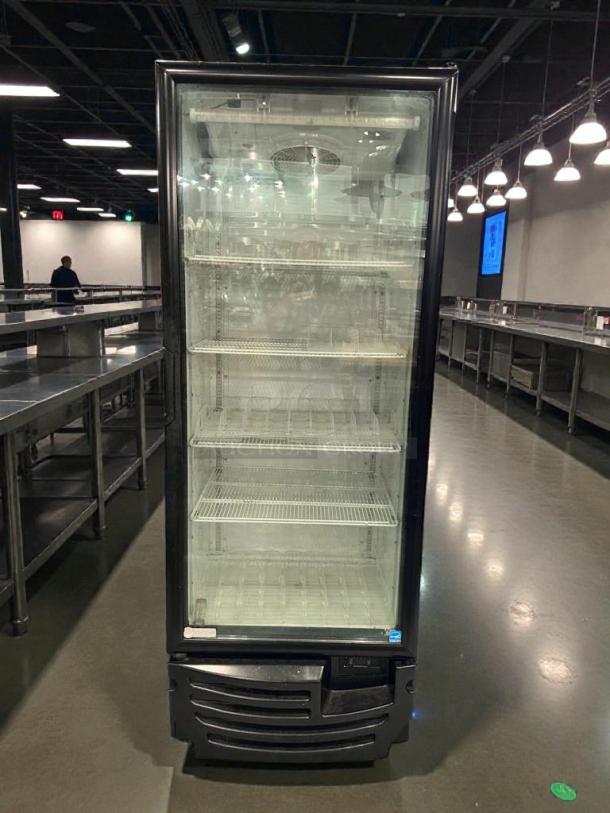 Imbera G319 commercial glass door merchandiser refrigerator in prime condition, tested and working, with multiple shelves.