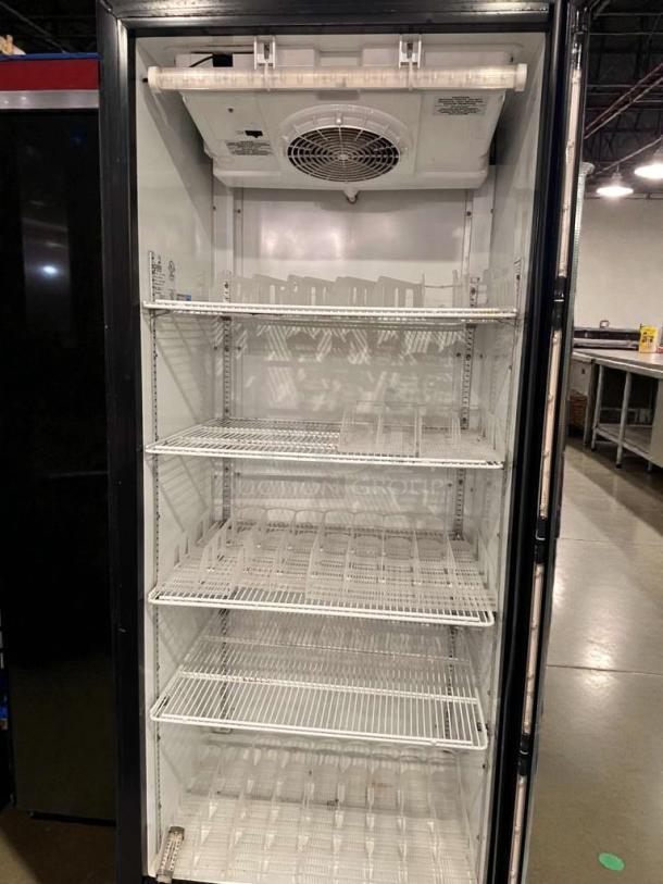 Imbera G319 commercial glass door merchandiser refrigerator in prime condition, four shelves, tested and working.