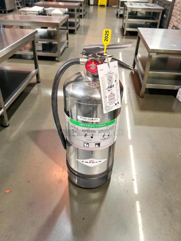 Amerex C260 wet chemical fire extinguisher, superb condition, inspected, ready for use, clear instruction label visible.