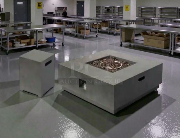 Pristine condition outdoor gas fire pit table, square design, with natural stone detailing. Fully tested and working.