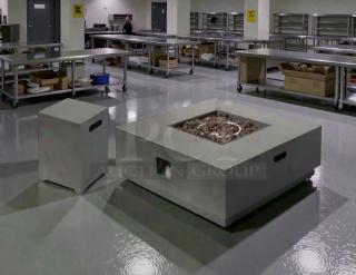 Pristine condition outdoor gas fire pit table, square design, with natural stone detailing. Fully tested and working.