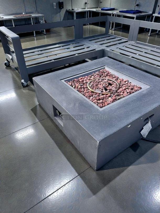 Pristine outdoor gas fire pit table, gray, fully tested, working, lava rock center, excellent condition, visible user tag.