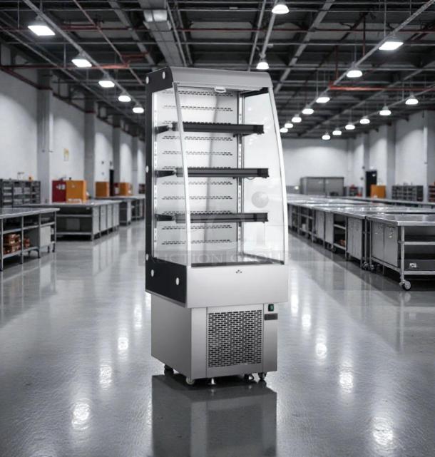 Omcan RS-CN-0250 refrigerated display merchandiser in excellent condition, 110V, fully tested and working, features glass shelves.