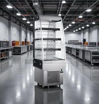 Omcan RS-CN-0250 refrigerated display merchandiser in excellent condition, 110V, fully tested and working, features glass shelves.