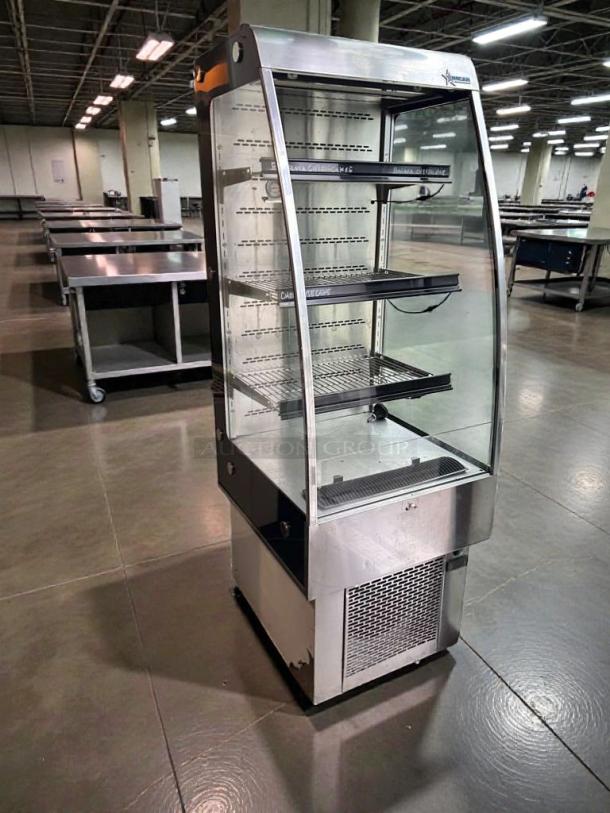 Omcan RS-CN-0250 open refrigerated display merchandiser, 110V, stainless steel, glass panels, excellent condition, fully tested.
