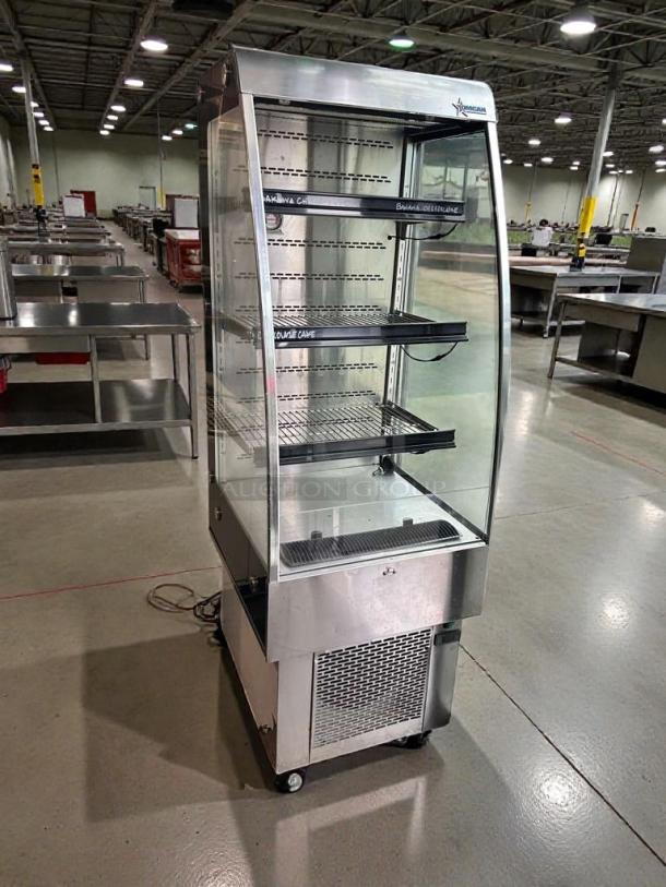 Omcan RS-CN-0250 refrigerated display merchandiser in excellent condition. 110V, fully tested, stainless steel with glass panels.