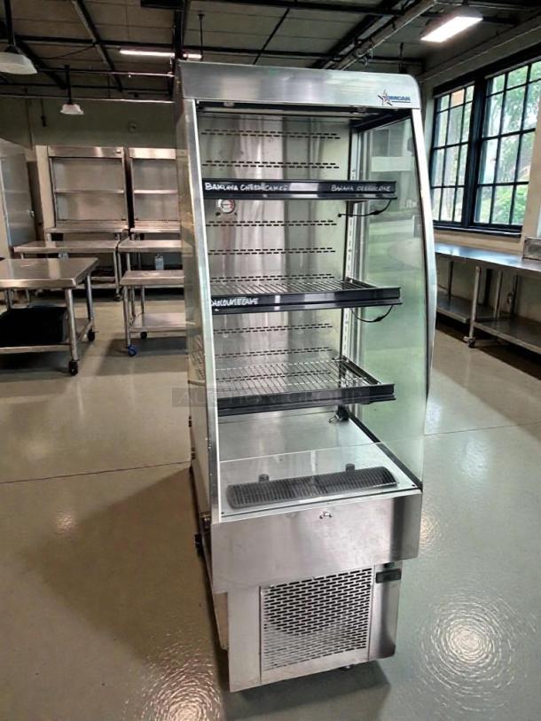 Omcan RS-CN-0250 open refrigerated display merchandiser, excellent condition, stainless steel, 110V, fully tested, glass doors.