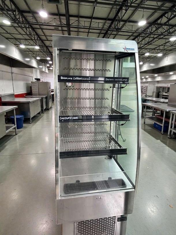 Omcan Open Refrigerated Display Merchandiser, Model RS-CN-0250, excellent condition, fully tested, 110V, with labeled shelves.