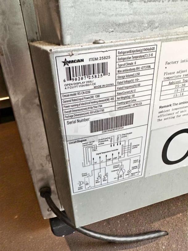 Omcan RS-CN-0250 refrigerated display merchandiser label, showing model details, power specs, and circuit diagram.