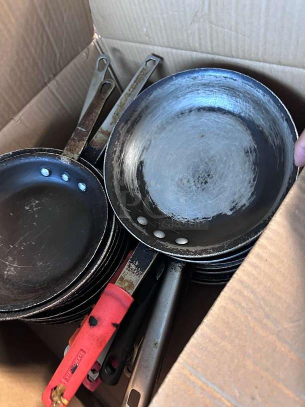 Lot of 22 commercial frying pans, outstanding condition, fully inspected, ready for use, various sizes, metal handles.