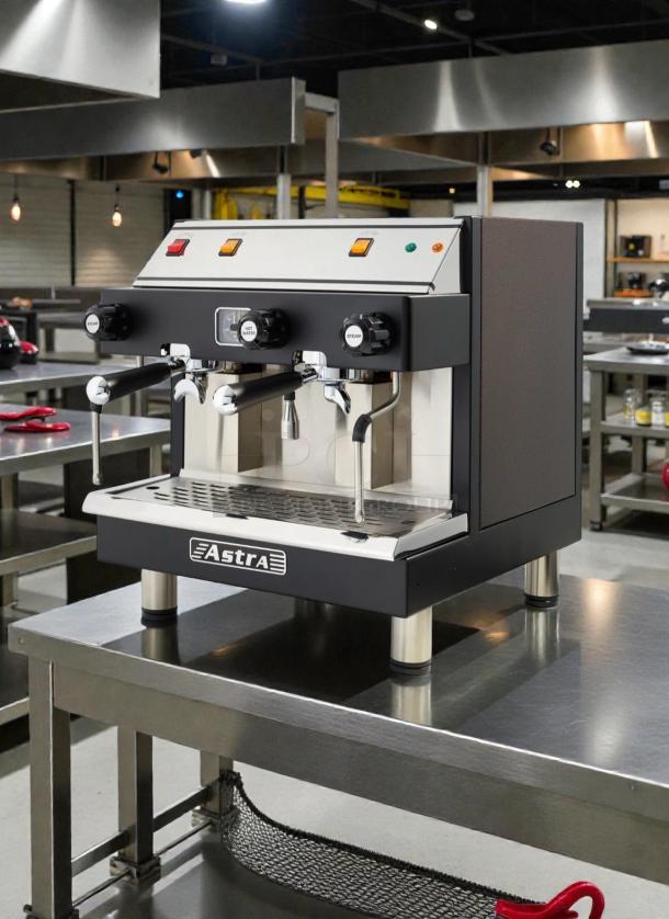 Pristine Astra Commercial Espresso Machine, 220-240V, pristine condition, fully tested, dual spouts, stainless steel design.