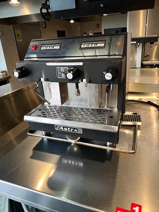 Pristine Astra Commercial Espresso Machine, 220–240V, fully tested. Features dual steam wands, branded panel.