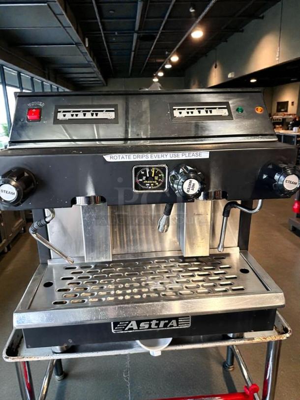 Pristine Astra Commercial Espresso Machine, 220–240V, fully tested, dual steam wands, visible pressure gauge.