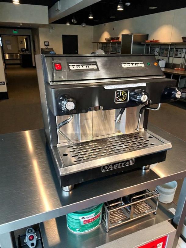 Pristine Astra Commercial Espresso Machine, 220-240V, fully tested, black stainless steel, USA-made, model name visible.