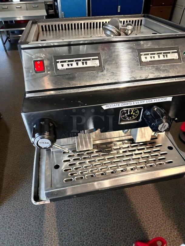 Pristine Astra Commercial Espresso Machine, 220-240V, fully tested. Features dual gauges, steam knob, and drip tray.