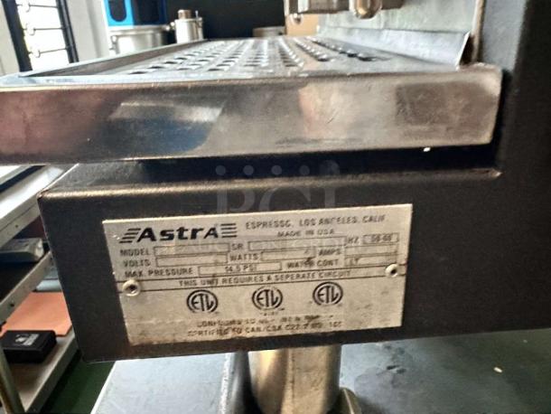 Pristine Astra Commercial Espresso Machine, 220-240V, fully tested, metal and black finish, ETL label visible.