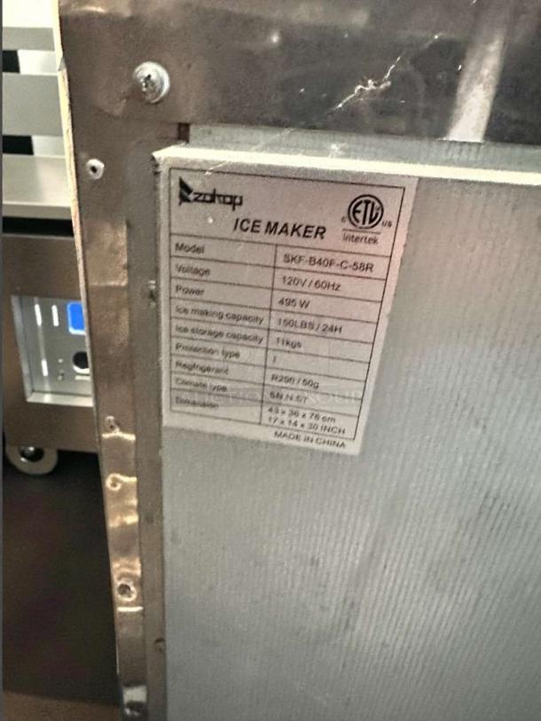 Zotop BKF-B40F-C-55R undercounter ice maker, 120V, 495W, 150 lbs/day, outstanding condition, fully tested and working, label visible.