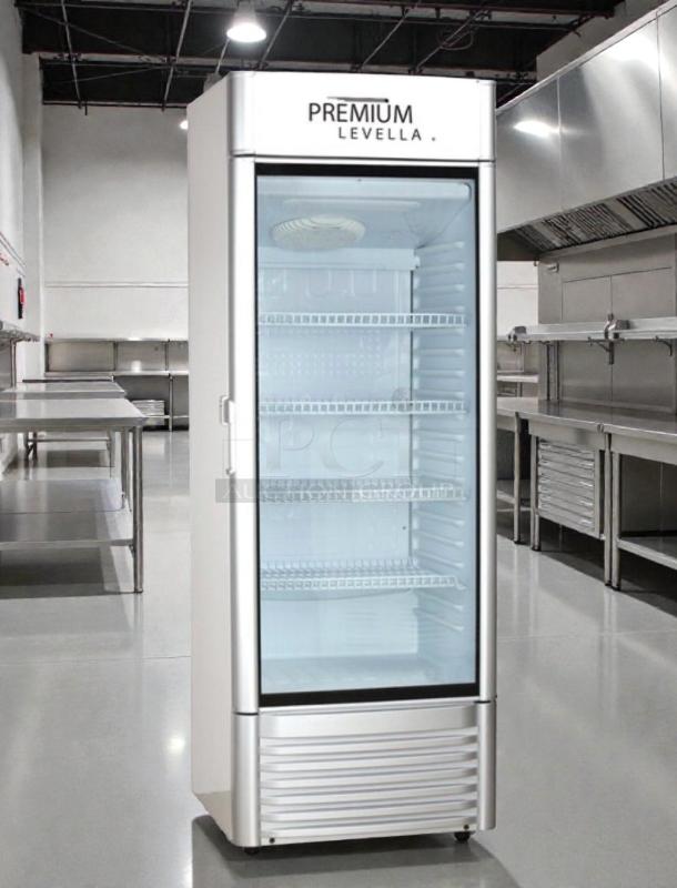 Pristine Premium Levella PRF90DX upright glass door refrigerator, 115V, fully tested, excellent condition, commercial use.