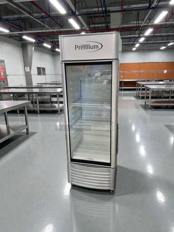 Premium Levella PRF90DX glass door refrigerator, pristine condition, fully tested, commercial use, 115V, adjustable shelves.
