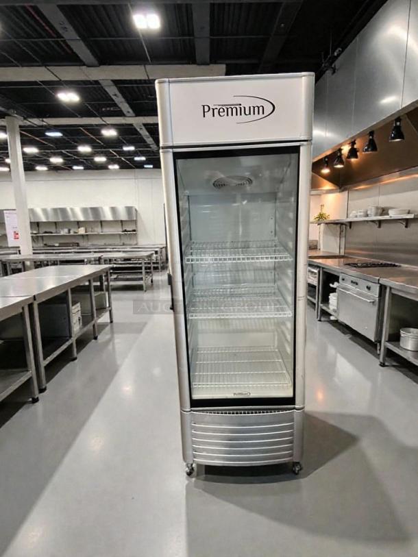 Pristine Premium Levella PRF90DX commercial upright glass door refrigerator, 115V, fully tested, excellent condition.