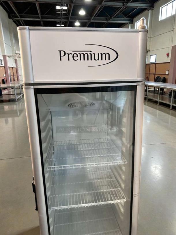 Pristine Premium Levella PRF90DX commercial upright glass door refrigerator, 115V, fully tested, excellent condition.