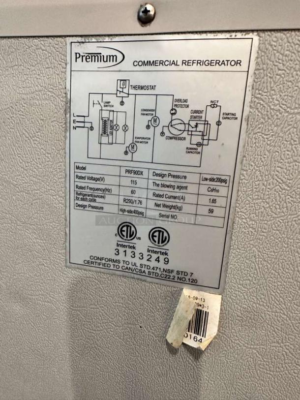 Premium Levella PRF90DX refrigerator label showing specs: 115V, model PRF90DX, UL and NSF certified, pristine condition.