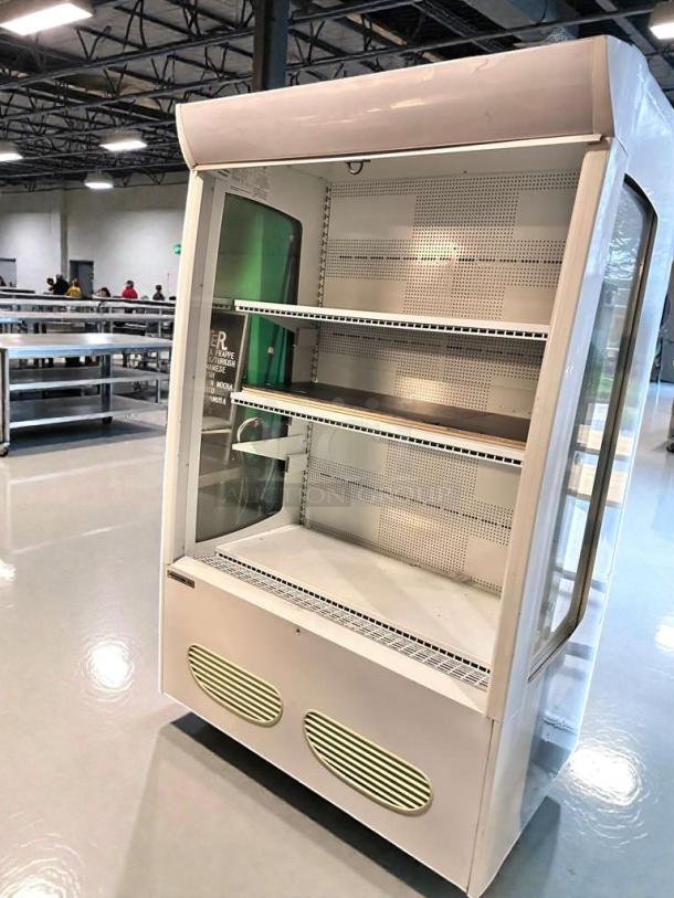 Beverage-Air MB13US open air merchandising refrigerator, outstanding condition, fully tested, 115V, two shelves, white exterior.
