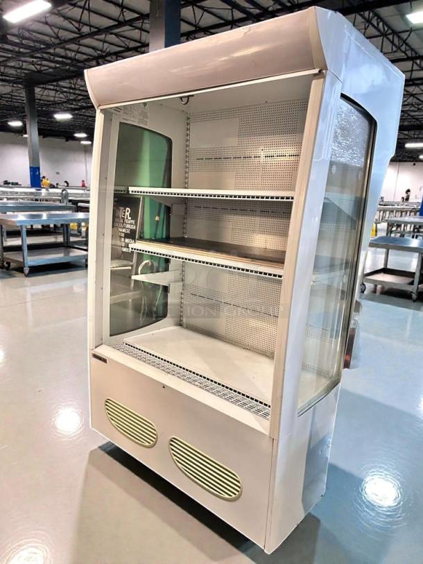 Beverage-Air MB13US open air merchandising refrigerator, outstanding condition, 115V, fully tested, white with shelves visible.