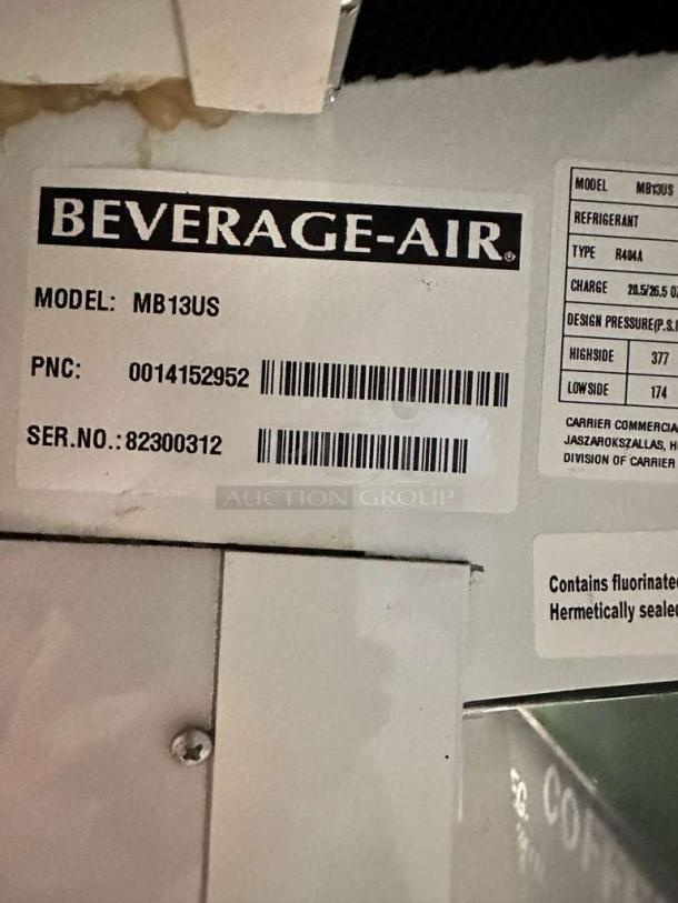 Beverage-Air MB13US merchandising refrigerator label, showing model number, PNC, and refrigerant details. Fully tested, working.