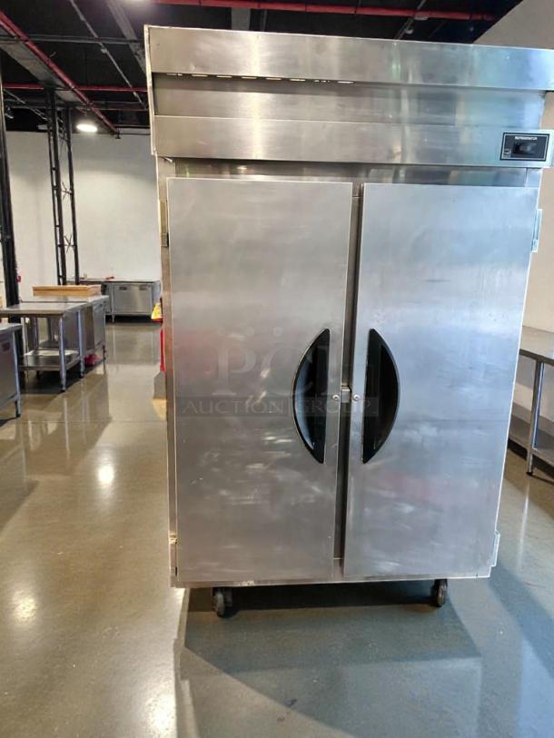Victory VR-2 double door reach-in commercial refrigerator, superb condition, stainless steel, 115V, fully tested, on casters.