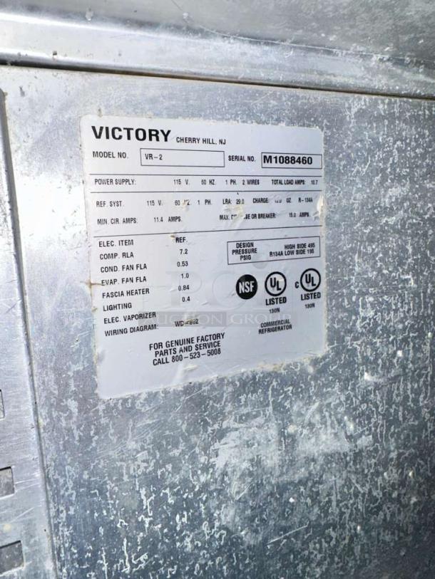 Victory VR-2 label details: Model VR-2, Serial No. M1088460, 115V, NSF and UL listed, made in Cherry Hill, NJ, USA.
