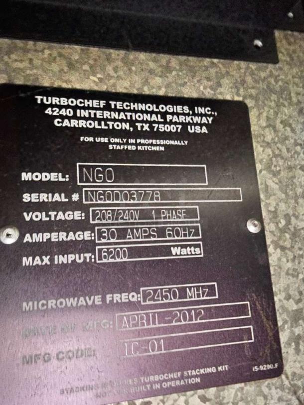 Label on TurboChef SOTA NGO high-speed oven, model NGO, 208/240V, 30 amps, max input 6200 watts, date April 2012.