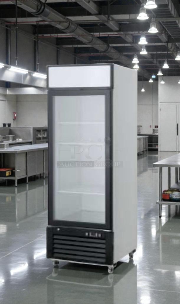 Supera G1M-16-B-1 commercial upright glass door refrigerator, pristine condition, 115V, fully tested, in kitchen setting.
