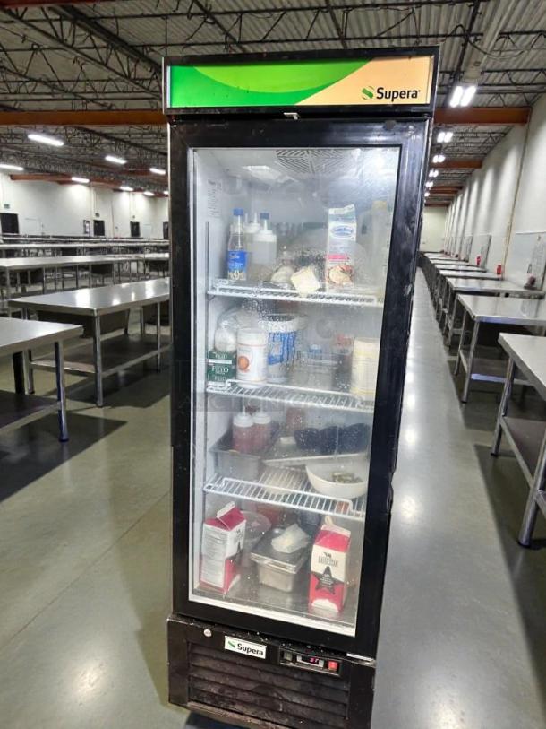Supera G1M-16-B-1 commercial upright glass door refrigerator, pristine condition, 115V, fully tested, labeled "Supera".