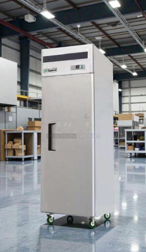 Pristine Supera FIR-1 commercial upright freezer, 115V, fully tested, excellent condition, durable handle, on casters.