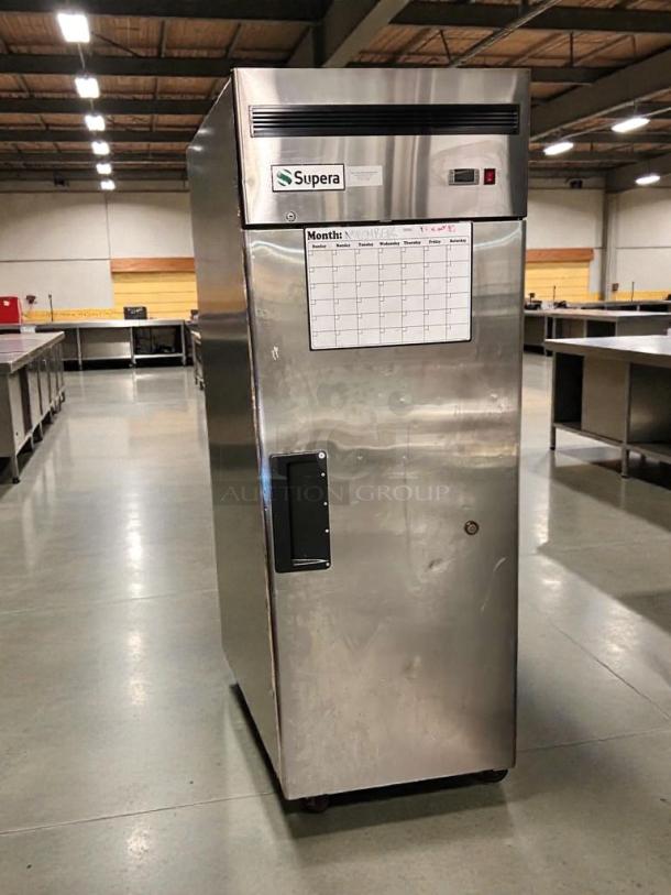 Pristine Supera FIR-1 commercial upright freezer, 115V, fully tested, stainless steel, visible Supera branding and calendar label.