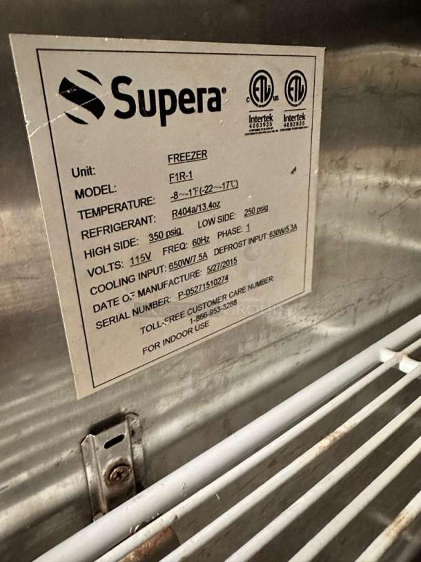 Pristine Supera FIR-1 commercial freezer, 115V, tested, labeled with specifications; indoor use only.
