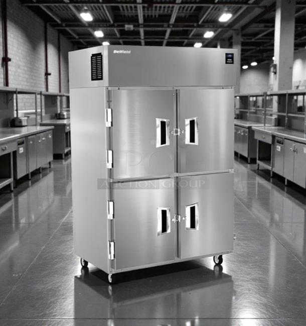 Delfield 6000XL four-door reach-in commercial freezer, outstanding condition, fully tested, 115V, stainless steel finish.