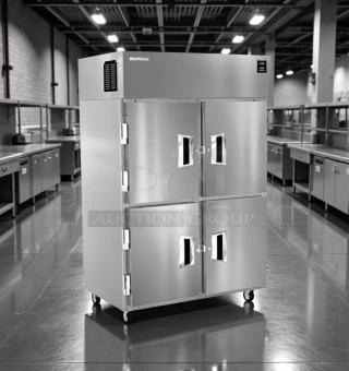 Delfield 6000XL four-door reach-in commercial freezer, outstanding condition, fully tested, 115V, stainless steel finish.