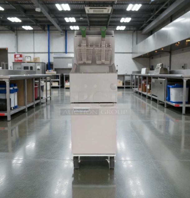 Frymaster FES35T0ZN0ZZNG gas floor fryer in pristine condition, natural gas compatible, with dual fryer baskets.
