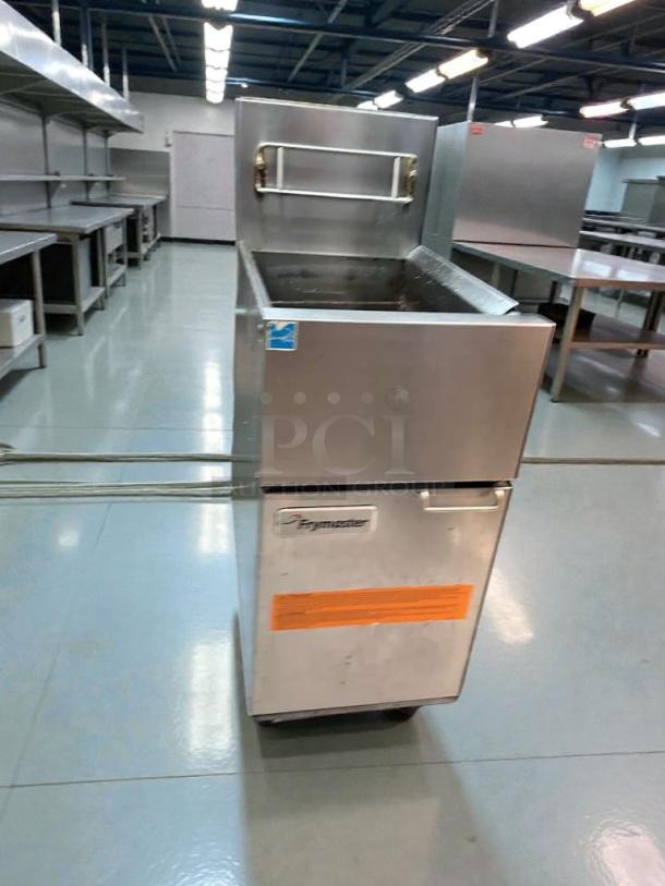 Frymaster gas floor fryer, model FES35T0ZN0ZZNG, pristine condition, natural gas, fully tested, Frymaster logo visible.