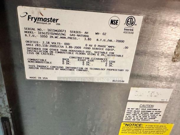 Frymaster FES35T0ZN0ZZNG gas floor fryer label showing model, serial number, certifications, and safety warnings.